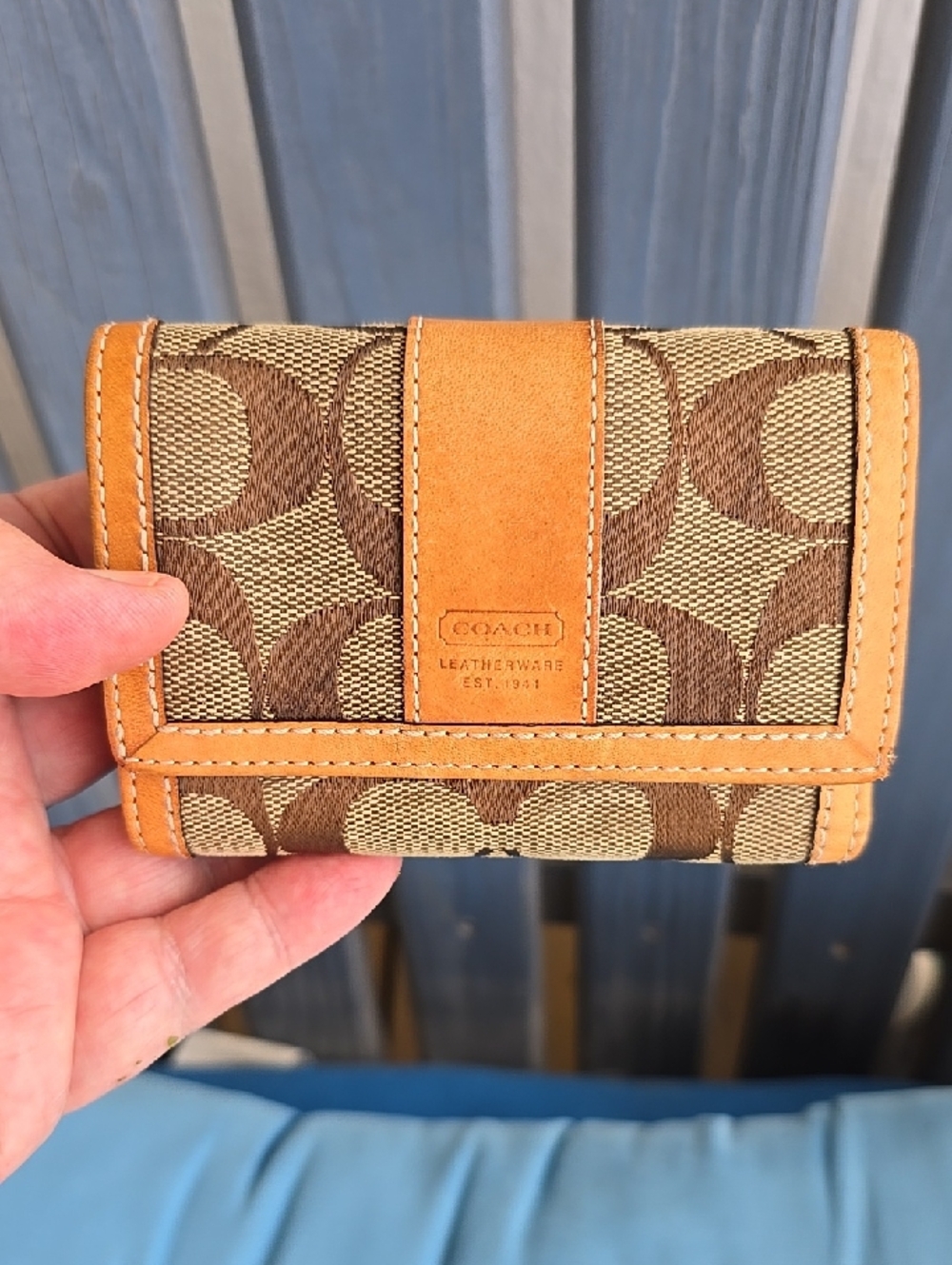 Coach Canvas Signature Trifold Wallet - Brown/Tan Slight Wear being Pre-owned
